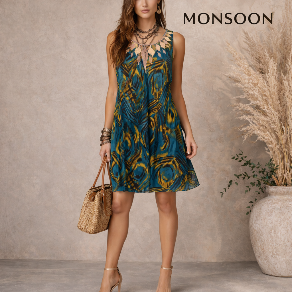 Monsoon Petite Teal Silk Peacock Feather Bronze Sequin Dress UK 6
