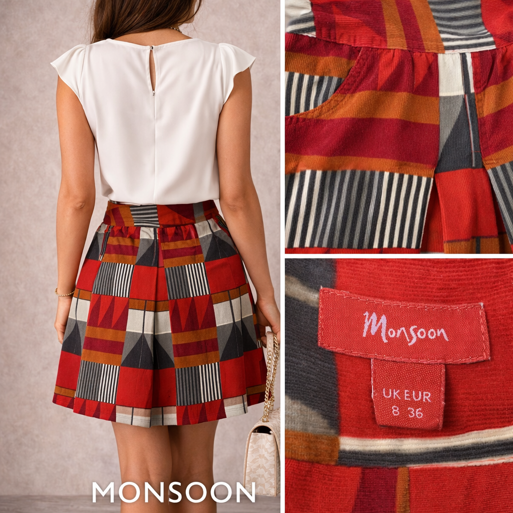 Monsoon Red Multi Coloured Needlecord Cotton Skirt UK 8