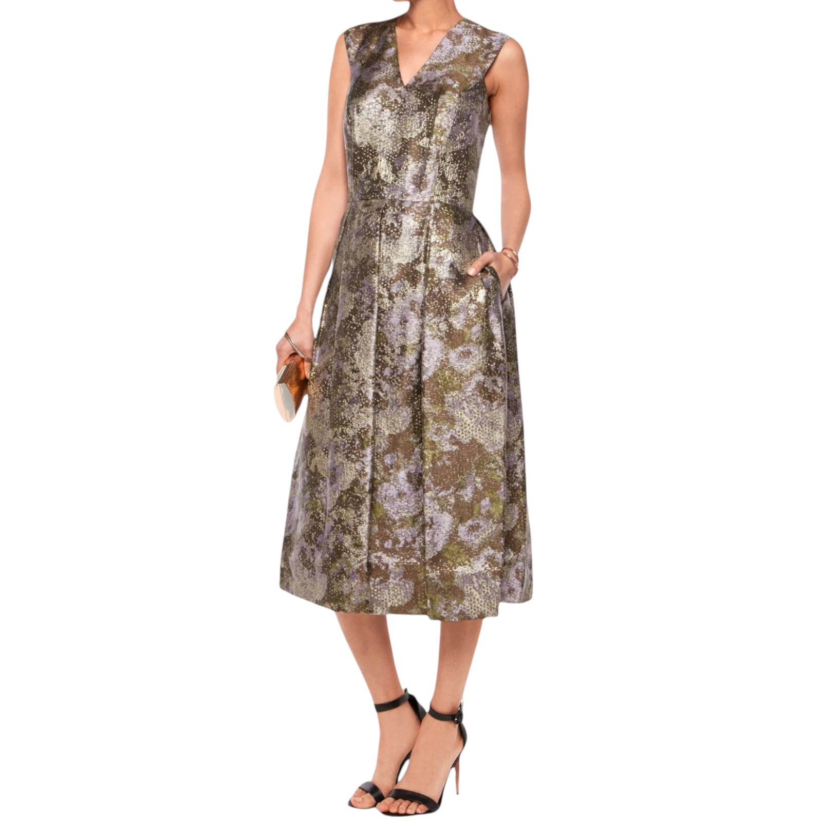 Raoul Donata Pleated Gold Purple Metallic Jacquard Dress UK 8