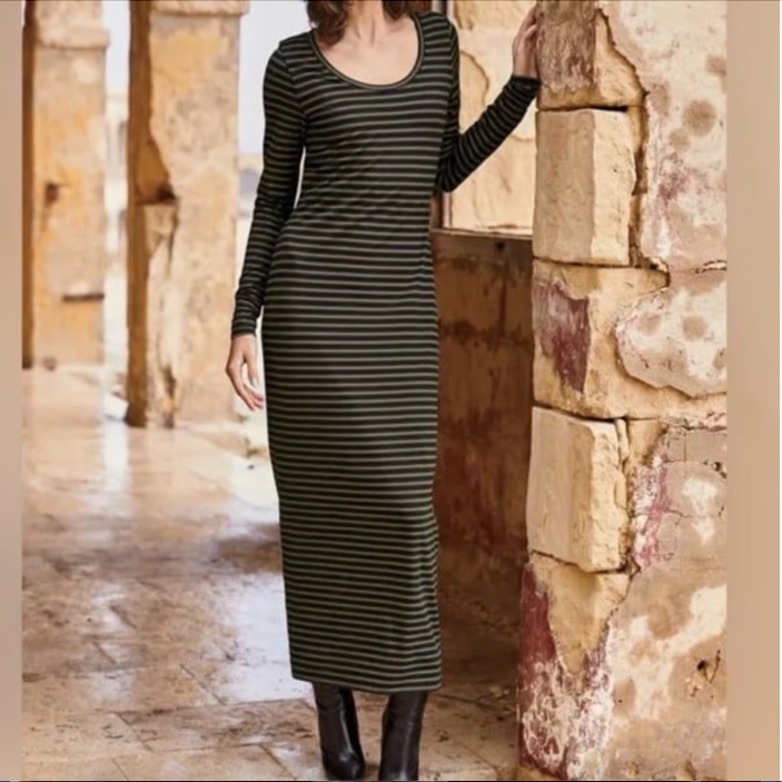 Peruvian Connection Black & Beige Striped Jersey Dress UK 16/18