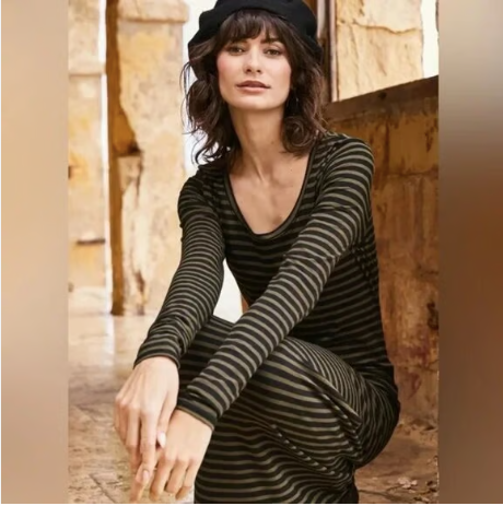 Peruvian Connection Black & Beige Striped Jersey Dress UK 16/18
