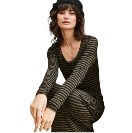 Peruvian Connection Black & Beige Striped Jersey Dress UK 16/18