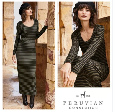 Peruvian Connection Black & Beige Striped Jersey Dress UK 16/18