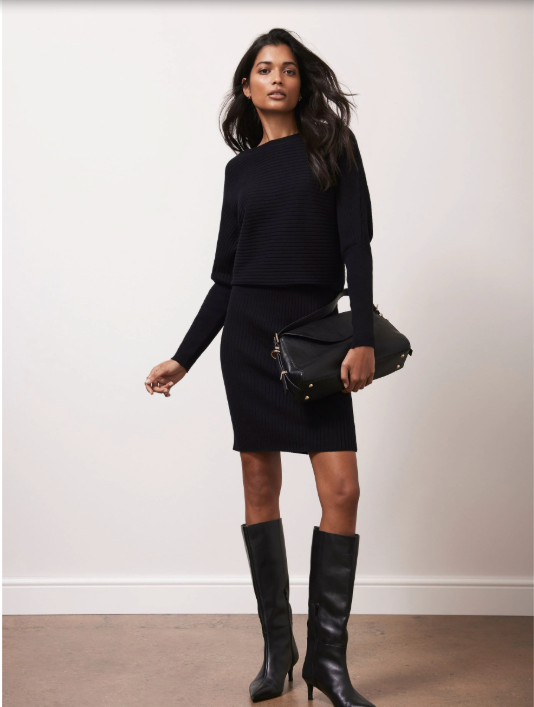 Mint Velvet Black Ribbed Batwing Knit V Back Dress UK 14/16