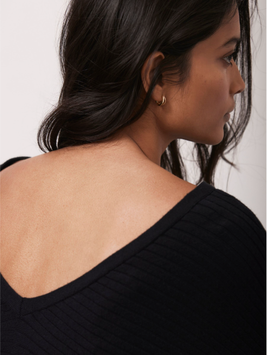 Mint Velvet Black Ribbed Batwing Knit V Back Dress UK 14/16