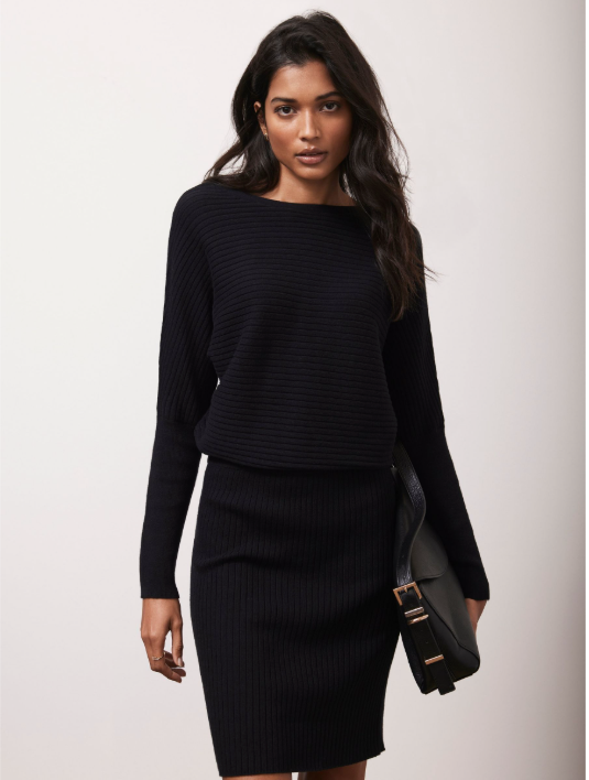 Mint Velvet Black Ribbed Batwing Knit V Back Dress UK 14/16