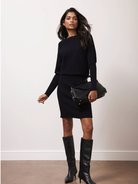 Mint Velvet Black Ribbed Batwing Knit V Back Dress UK 14/16