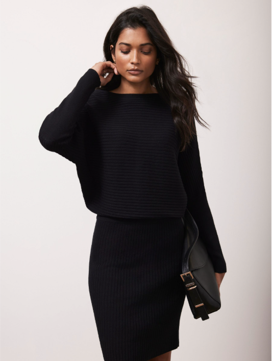 Mint Velvet Black Ribbed Batwing Knit V Back Dress UK 14/16