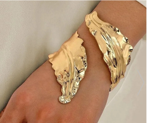 Statement Artistic Gold Textured Leaf Cuff Bracelet