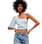 Zara Light Blue One Sleeve Linen Mix Cropped Top UK 12