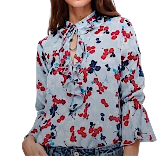 Zara Sky Blue Red Floral Long Sleeve Ruffle Summer Blouse UK 10