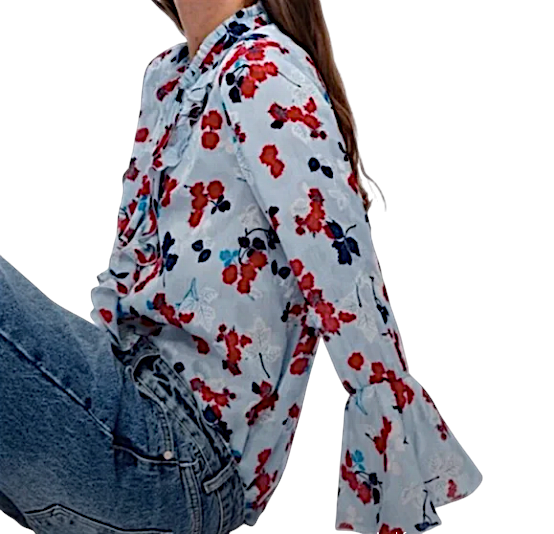 Zara Sky Blue Red Floral Long Sleeve Ruffle Summer Blouse UK 10