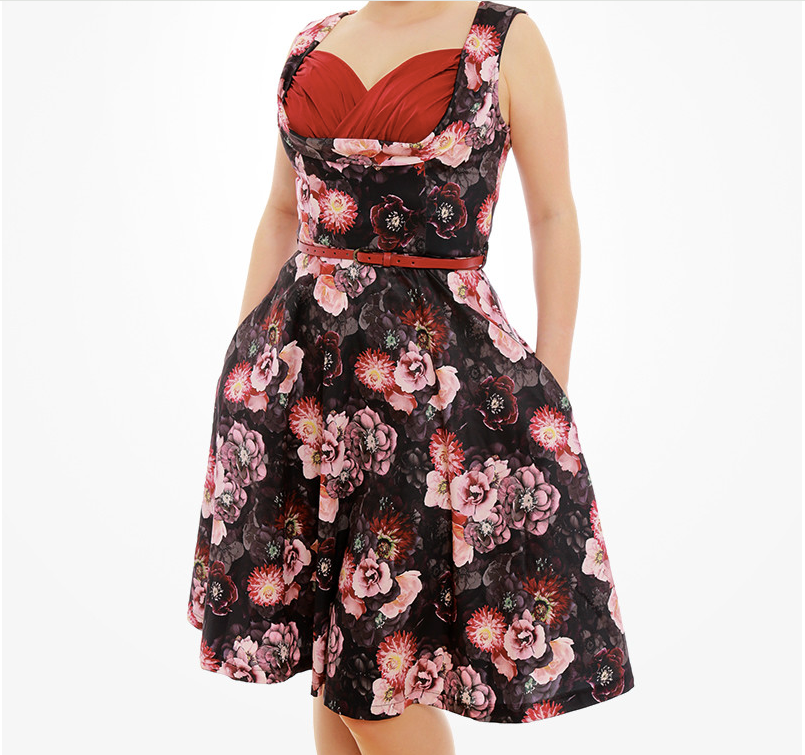 Lindy Bop Black Pink Floral Rockabilly Dress 1950's UK 8