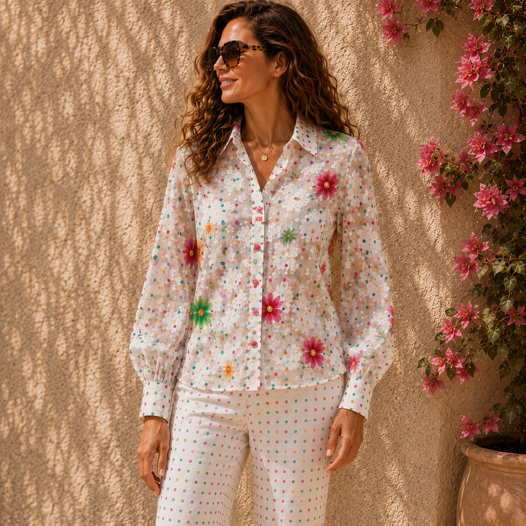 Vintage ALGO Switzerland Floral Cotton Two-Piece Trouser Suit UK 10