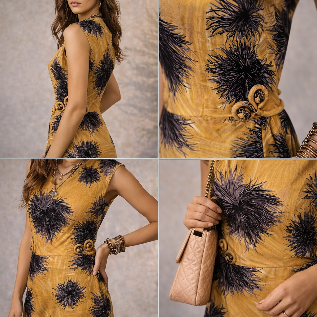 Whistles Mustard Yellow Black Purple Floral Sleeveless Silk Dress UK 8