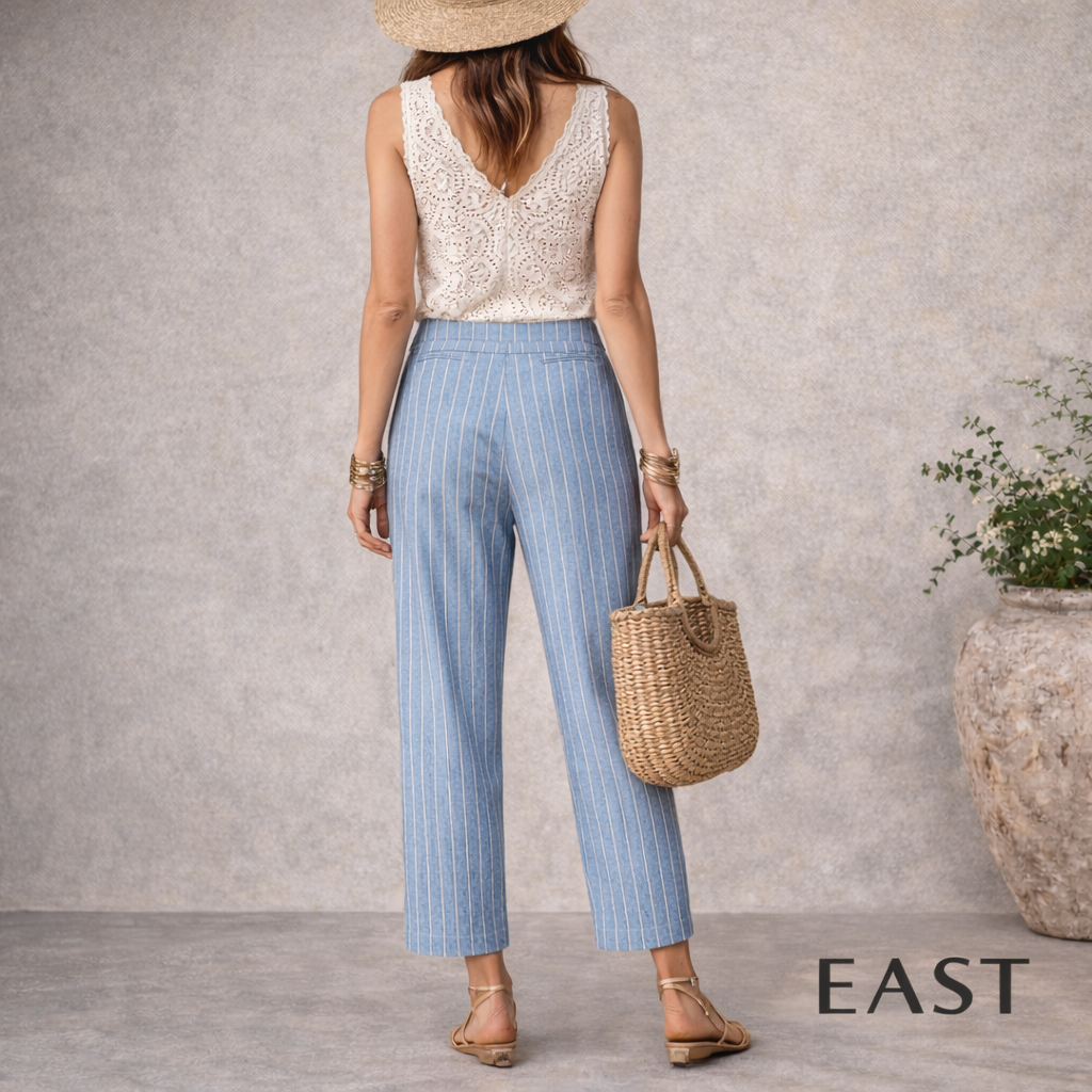 East Pale Blue Pinstripe Linen Straight Leg Trousers  UK 8