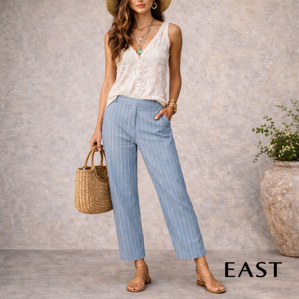 East Pale Blue Pinstripe Linen Straight Leg Trousers  UK 8