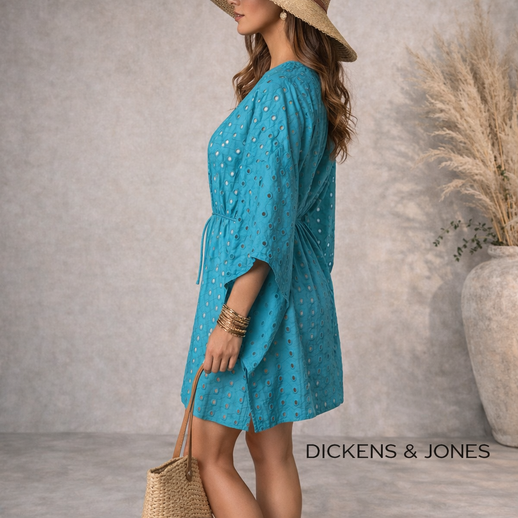 Dickins & Jones Aqua Blue Cotton Kaftan, Cover Up Size S