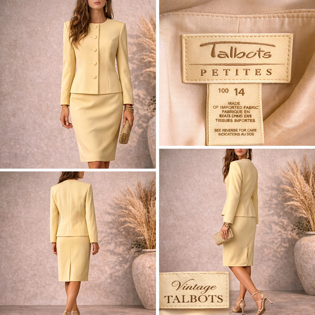 Talbots Petite Vintage Pastel Yellow Crepe Skirt Suit UK 14