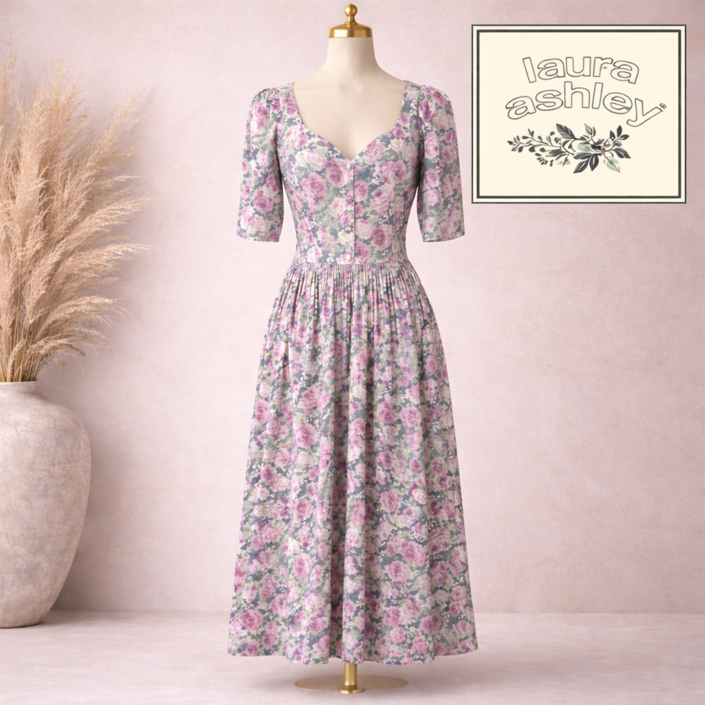 Laura Ashley Rare 1980 Vintage Cotton Floral Prairie Tea Dress UK 10