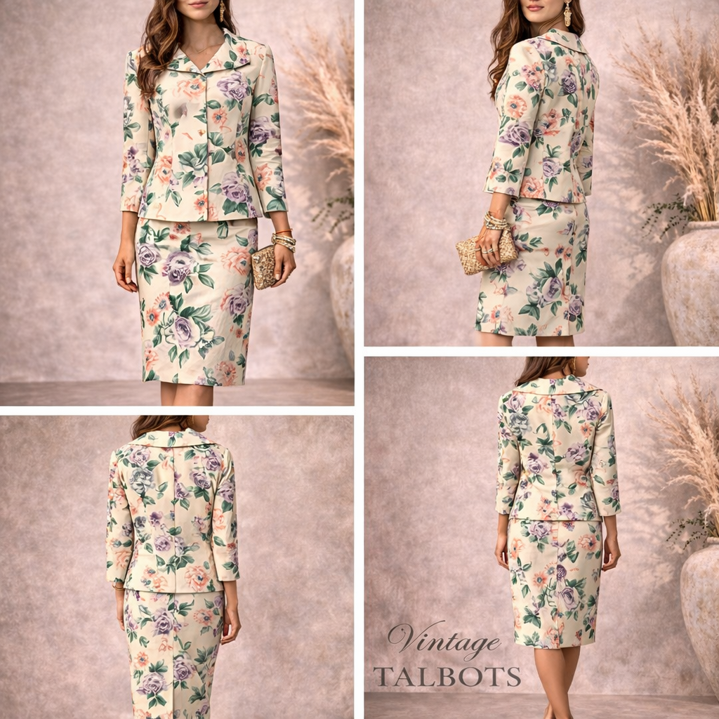 Talbots Stunning Vintage Pure Silk Floral Occasion Skirt Suit UK 12