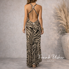 Frank Usher Dusk Gold Black Silk Halter Cocktail Maxi Dress UK 14