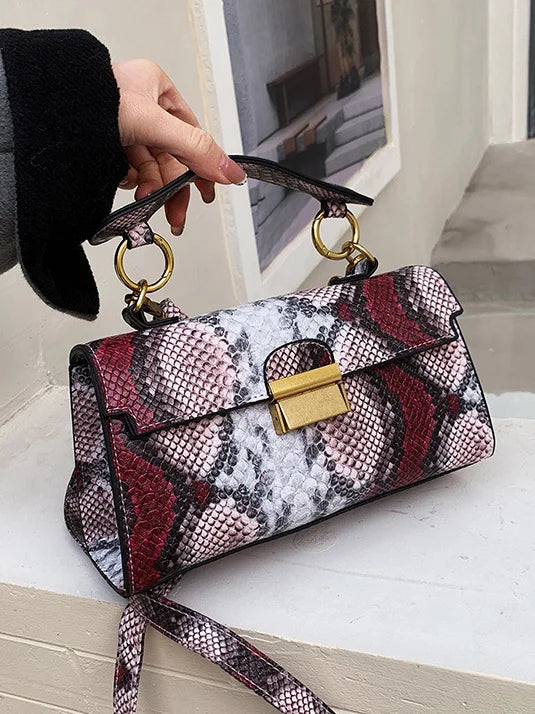 Snake Print Handbag Detachable Strap & Golden-Tone Hardware - NEW