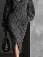 Stylewe Urban Plain V Neck Grey Midi Slouchy Jumper Dress Size M