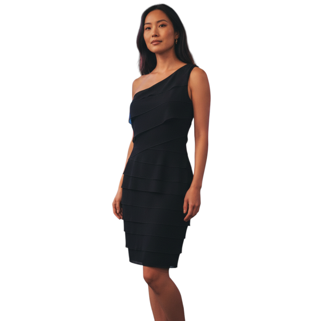 Alexon Black Layered One Shoulder Party Dress UK 16