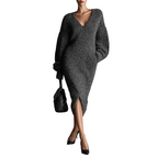 Stylewe Urban Plain V Neck Grey Midi Slouchy Jumper Dress Size M