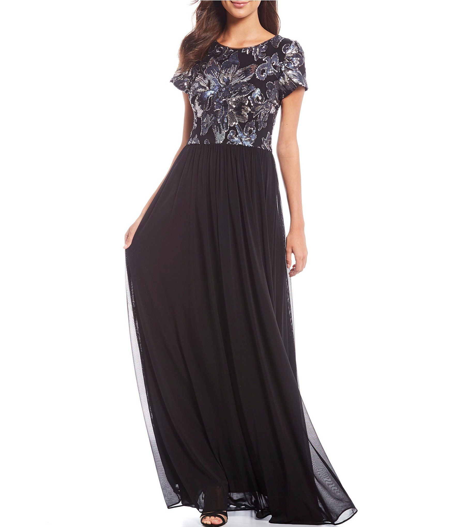 Betsy & Adam Black Navy Sequin Cap Sleeve Maxi Dress UK 8