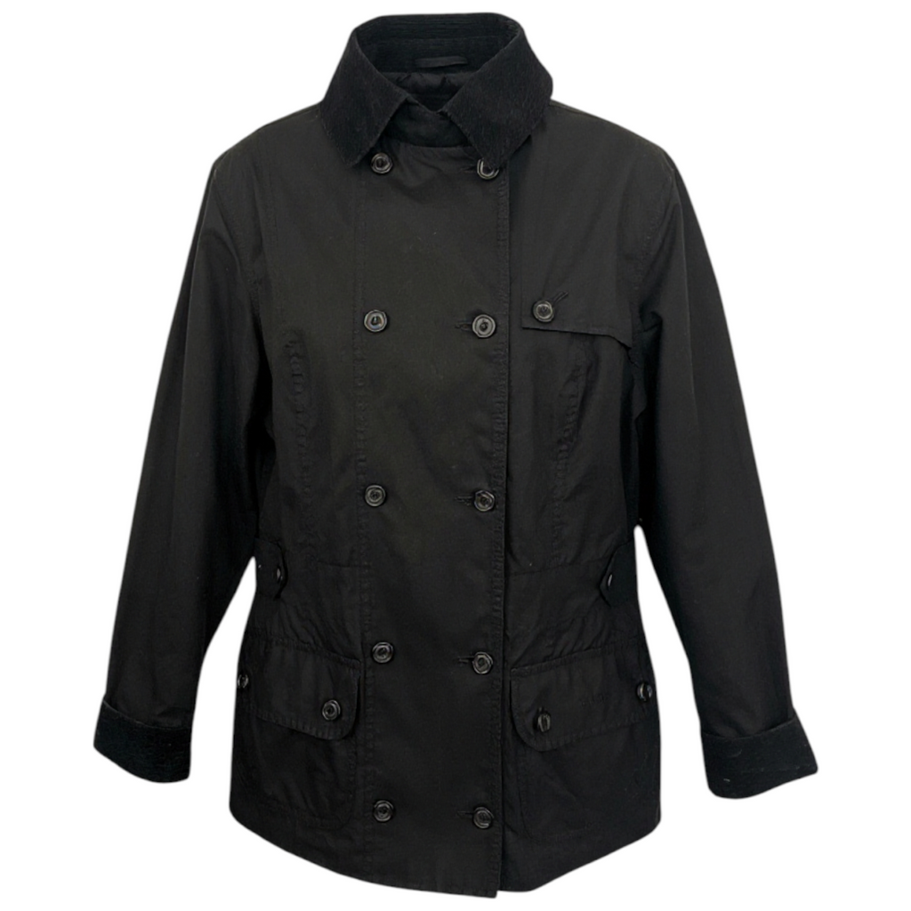 Barbour Black Double Breasted Waxed Cotton Jacket UK 12