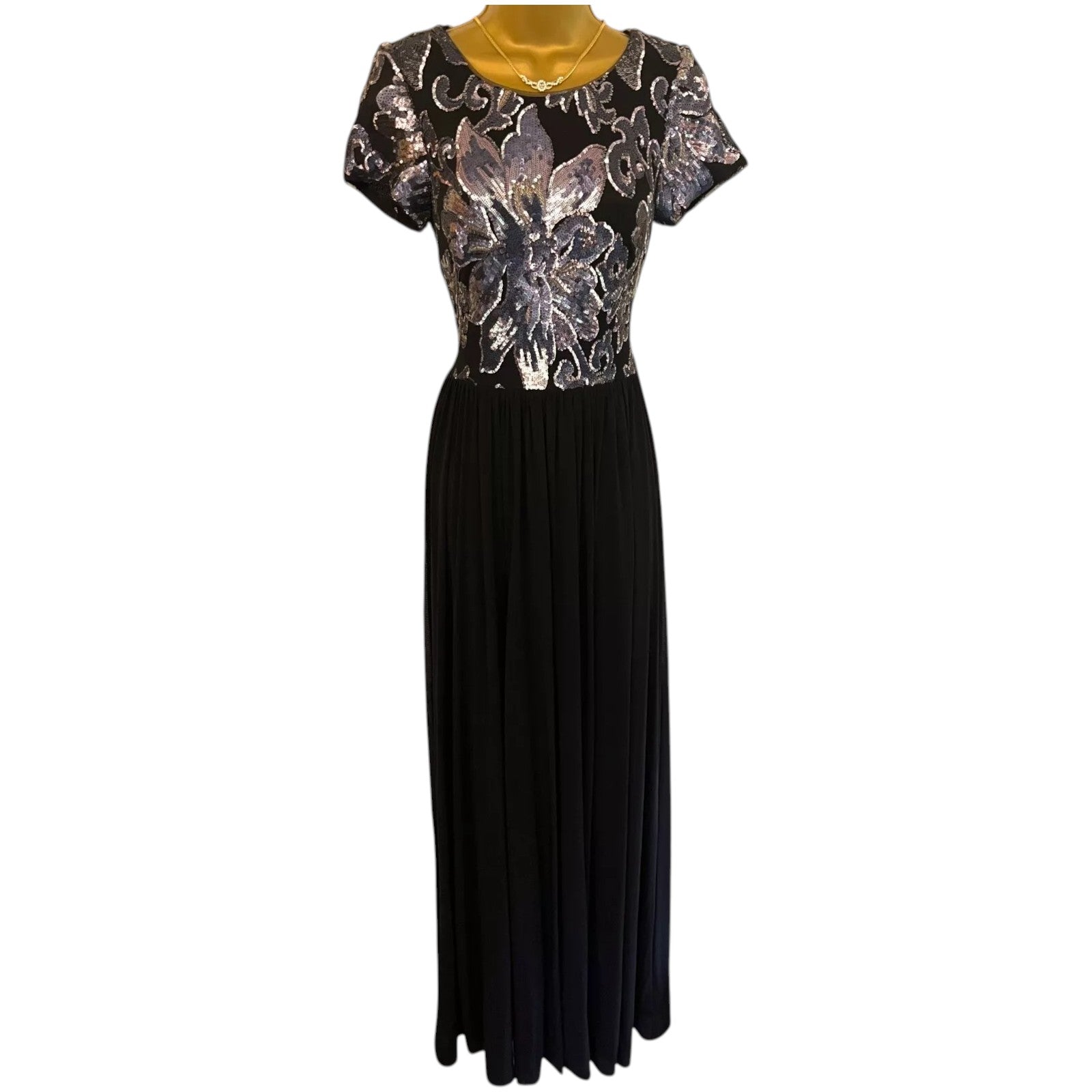 Betsy & Adam Black Navy Sequin Cap Sleeve Maxi Dress UK 8
