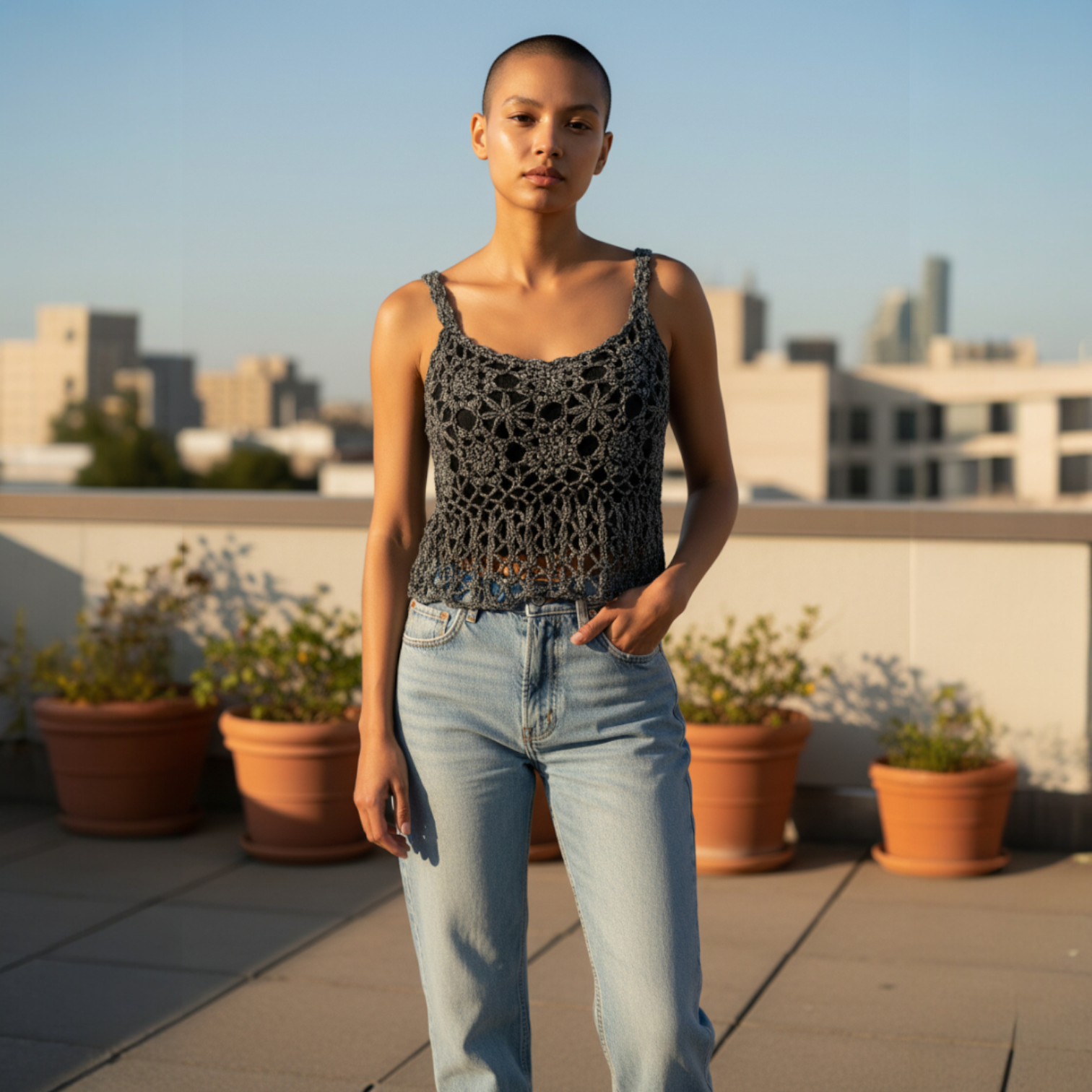 Carling Vintage 1990's Black & Silver Grey Crochet Crop Top UK 10