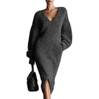 Stylewe Urban Plain V Neck Grey Midi Slouchy Jumper Dress Size M