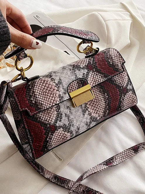 Snake Print Handbag Detachable Strap & Golden-Tone Hardware - NEW