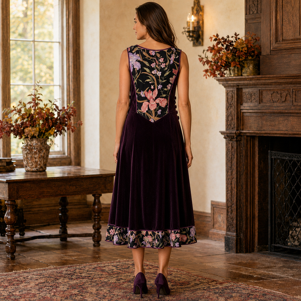 Vintage AnnaBelinda Plum Velvet Floral A-Line Dress UK 12
