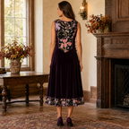 Vintage AnnaBelinda Plum Velvet Floral A-Line Dress UK 12