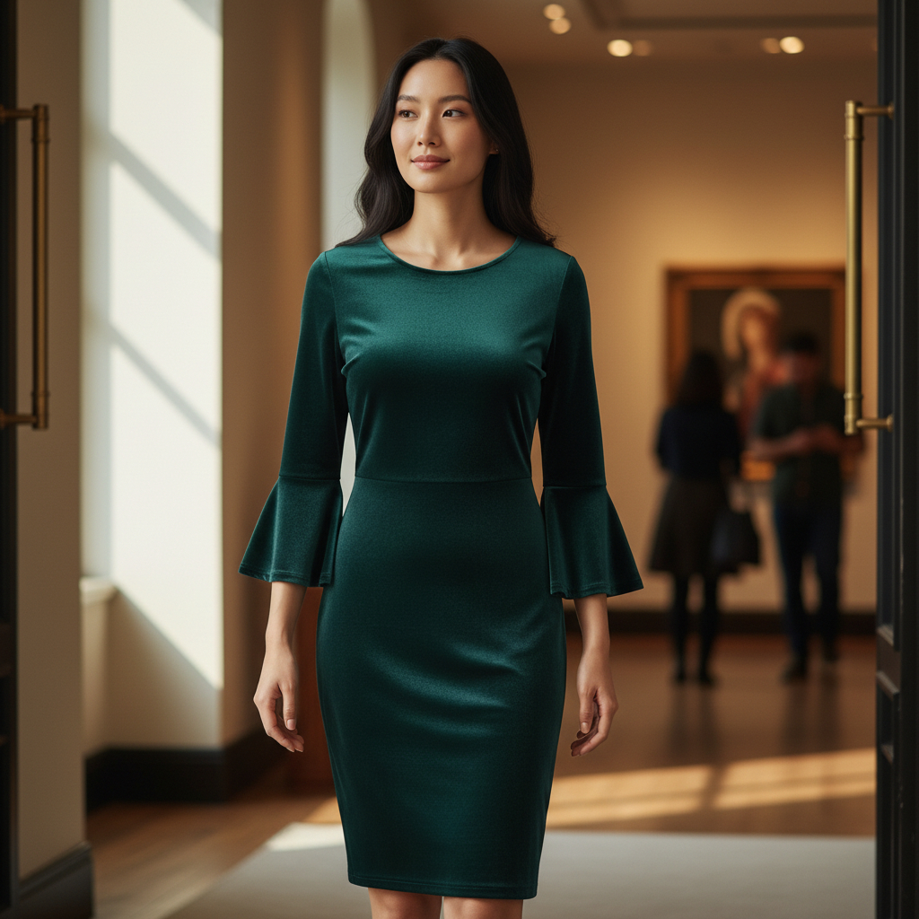 Kaleidoscope Green Velvet Bell-Sleeve Cocktail Dress UK 16