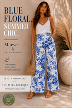 Maeve by Anthropologie Blue Floral Linen Blend Wide Leg Trousers UK 10