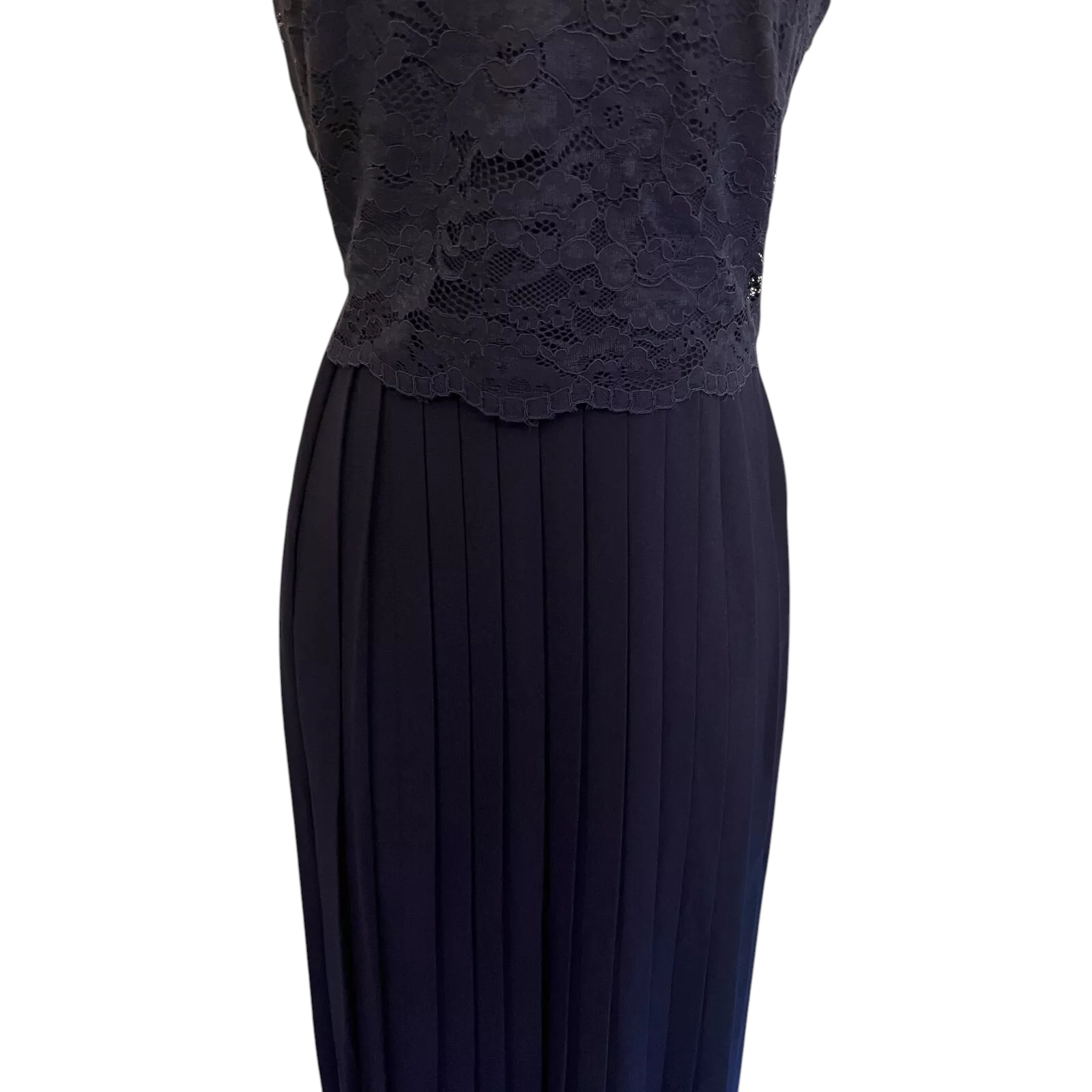 Little Mistress Navy Lace V Neck Pleated Dress UK 8