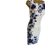 Jacques Vert Ivory Navy Lilac Floral Beaded Shimmer Dress UK 10