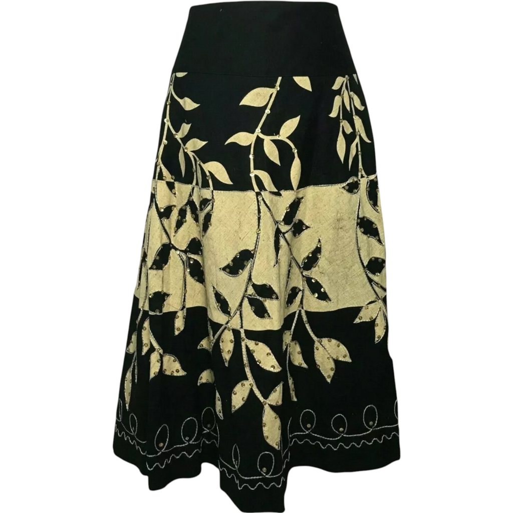 RED Black Beige Leaf Print Sequin Linen Skirt UK 12