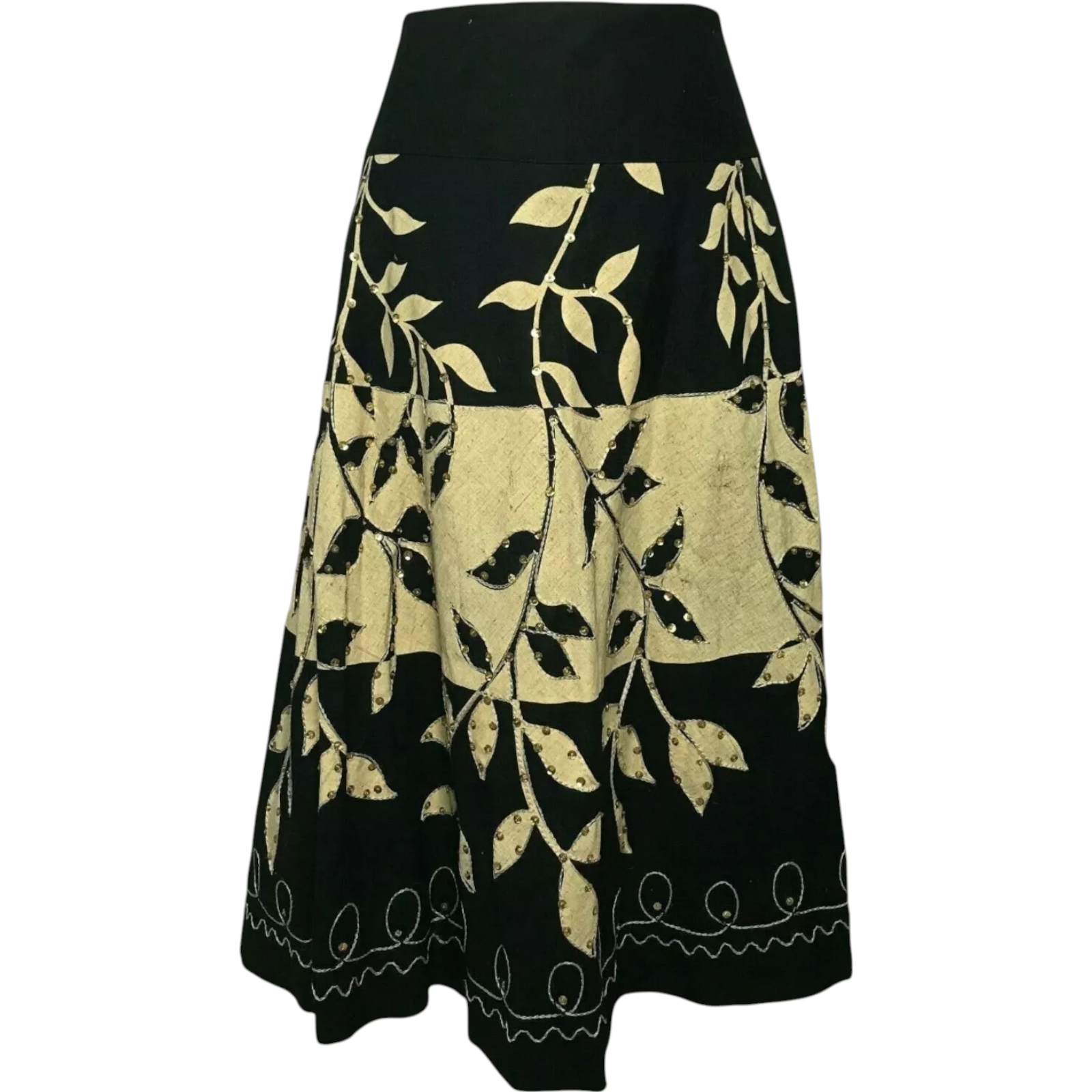 RED Black Beige Leaf Print Sequin Linen Skirt UK 12