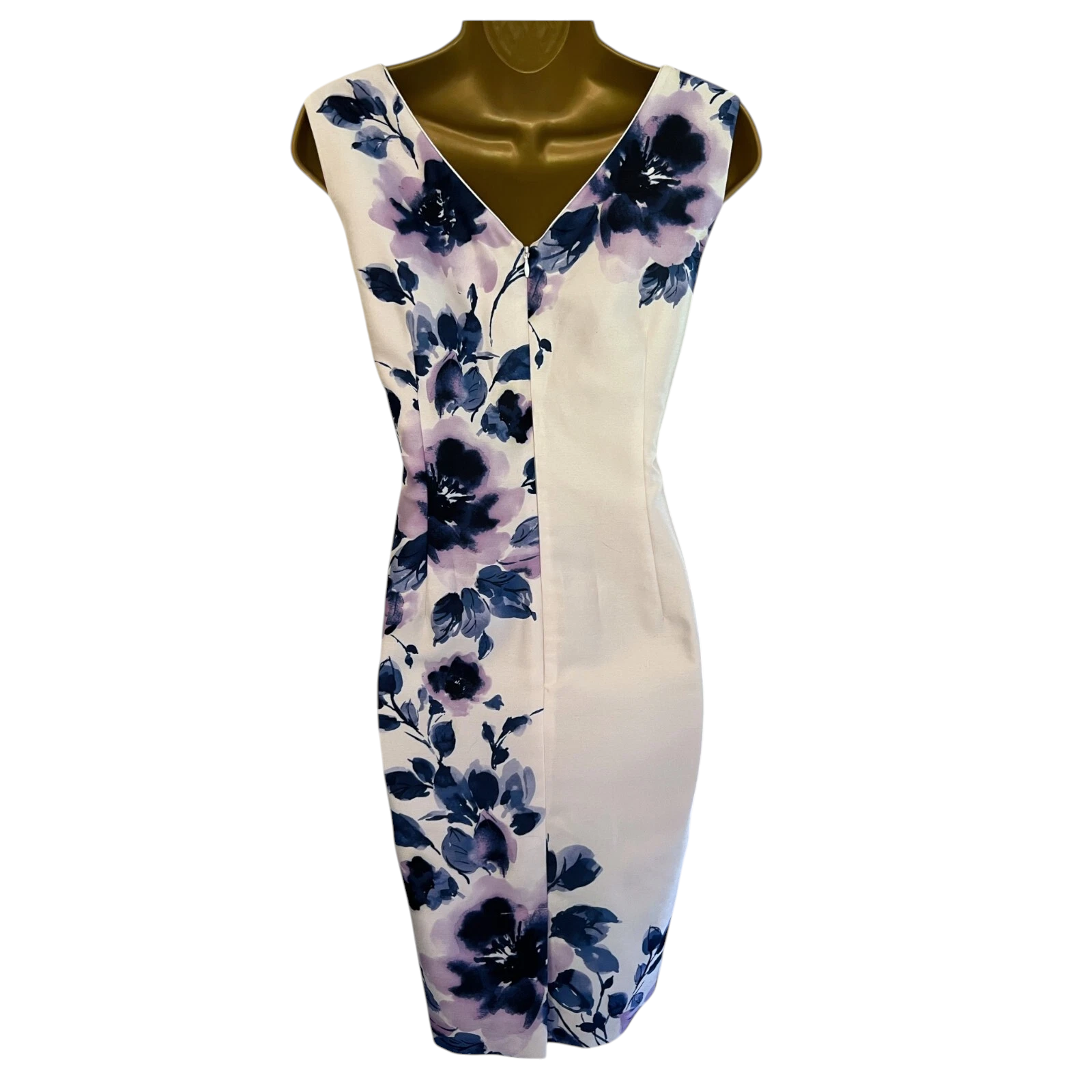 Jacques Vert Ivory Navy Lilac Floral Beaded Shimmer Dress UK 10