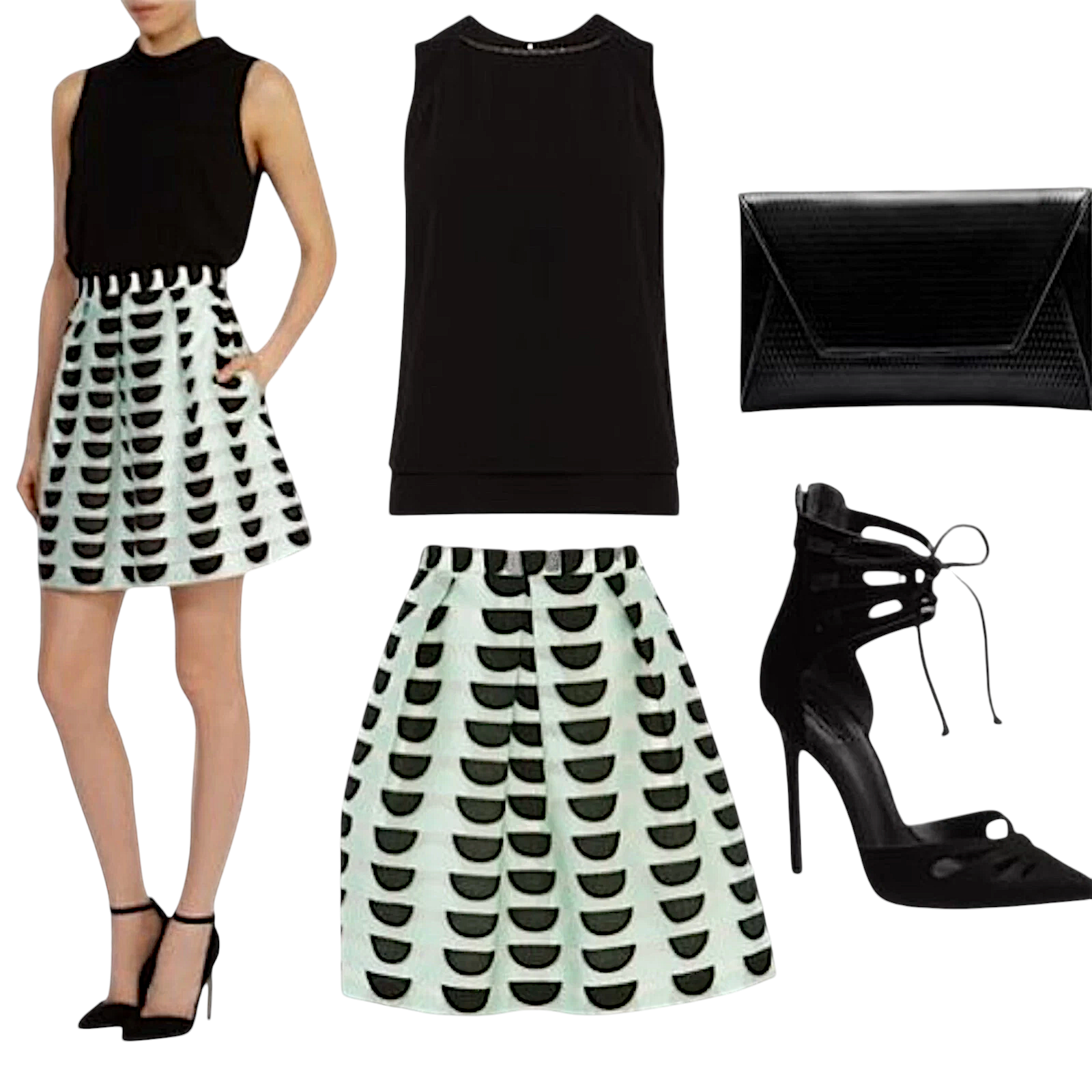 Coast Lina Mint Green, Black, White Organza Skirt UK 10