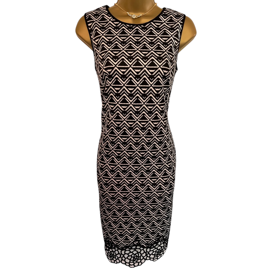 Maia Black White Geometric Cutwork Dress  UK 8
