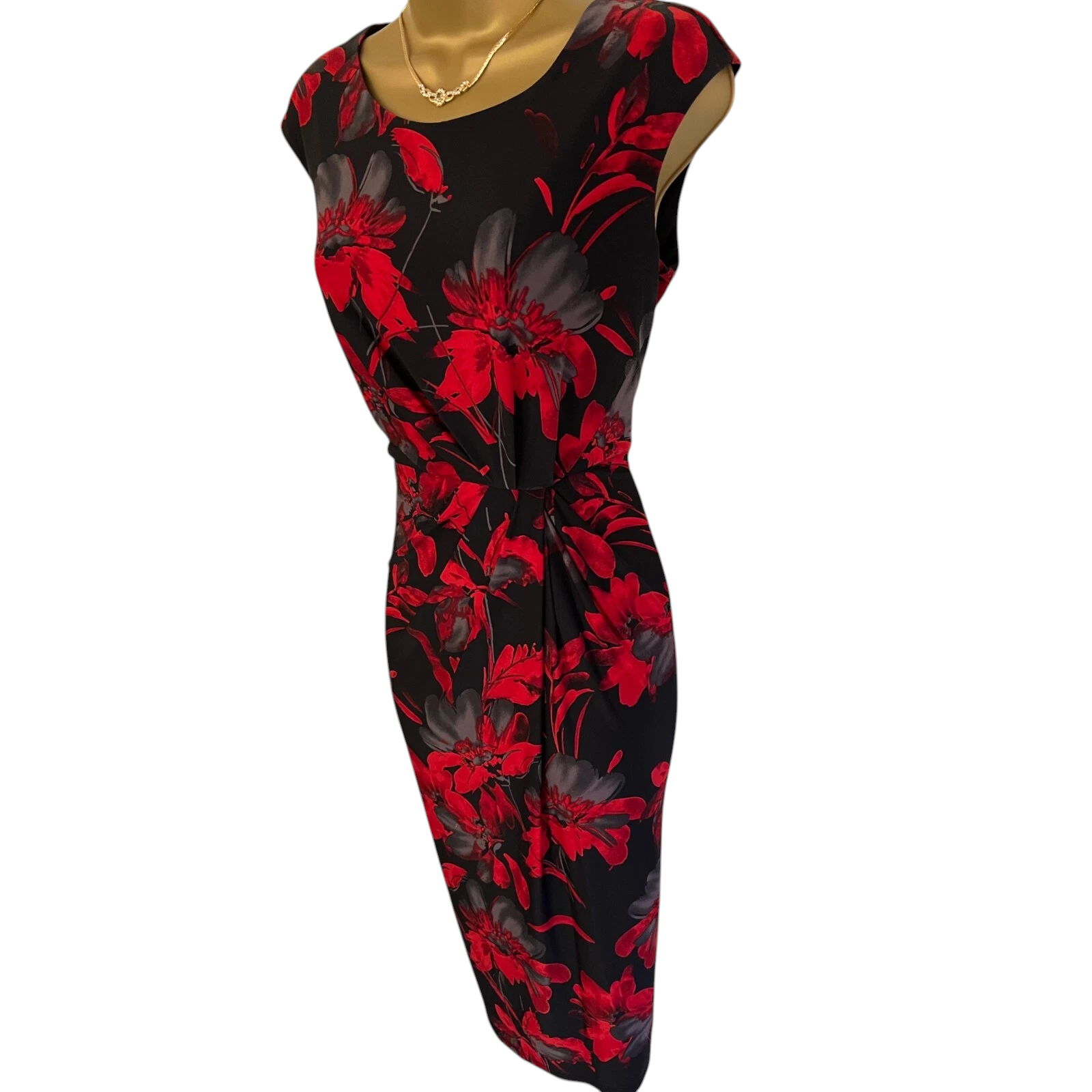 Precis Red Black Floral Sleeveless Silky Dress UK 10