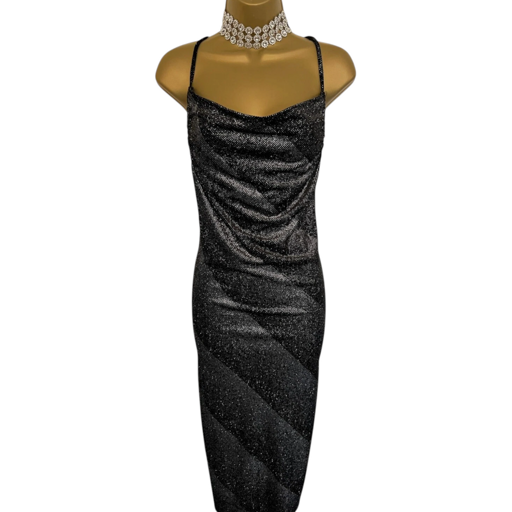 Miss Selfridge Black Silver Cowl Neck Dress UK 10