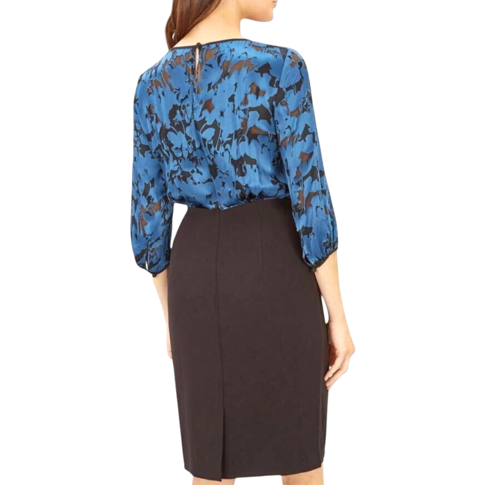 Jaeger Blue & Black Floral Silk Devore Dress UK 6